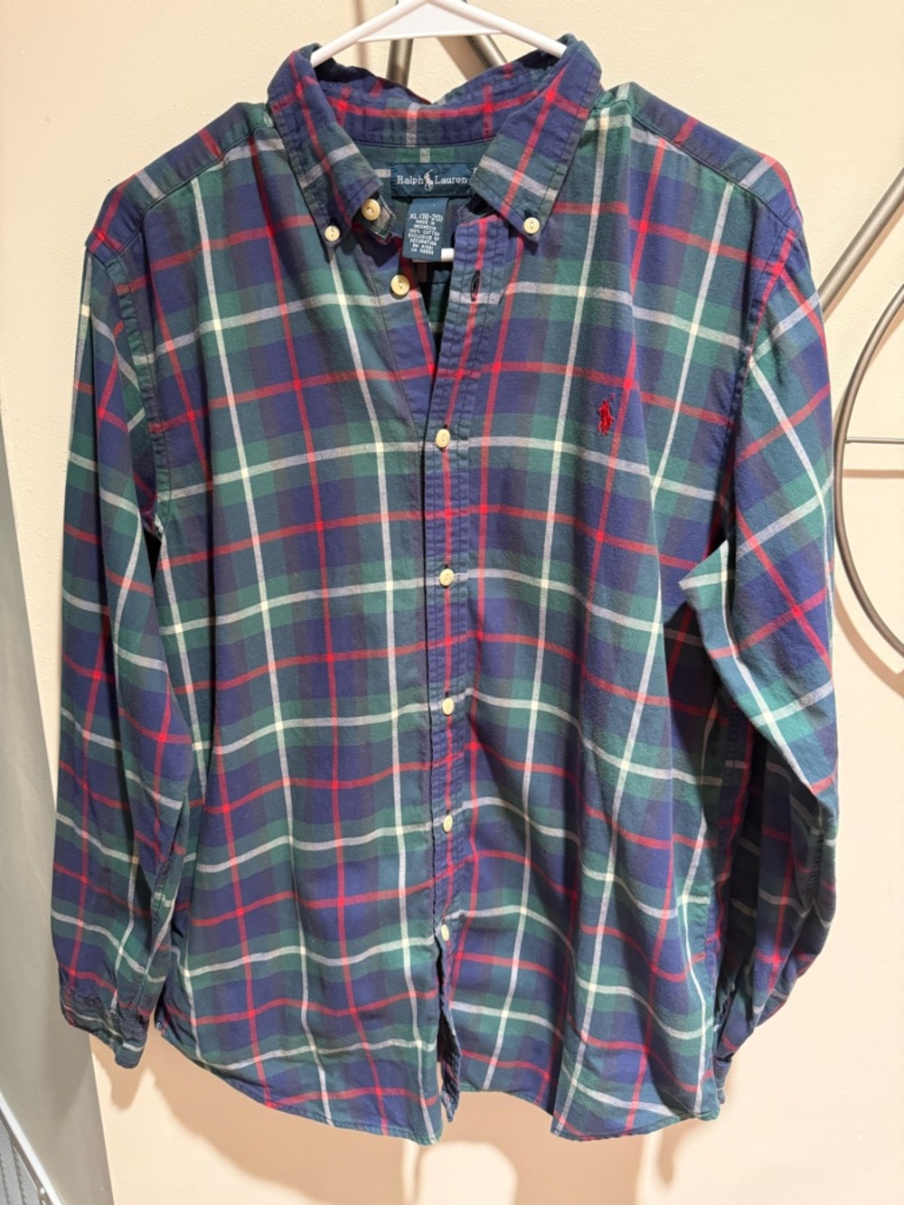 Ralph Lauren Navy & Green Plaid Button-Down Shirt 100% Cotton Size XL